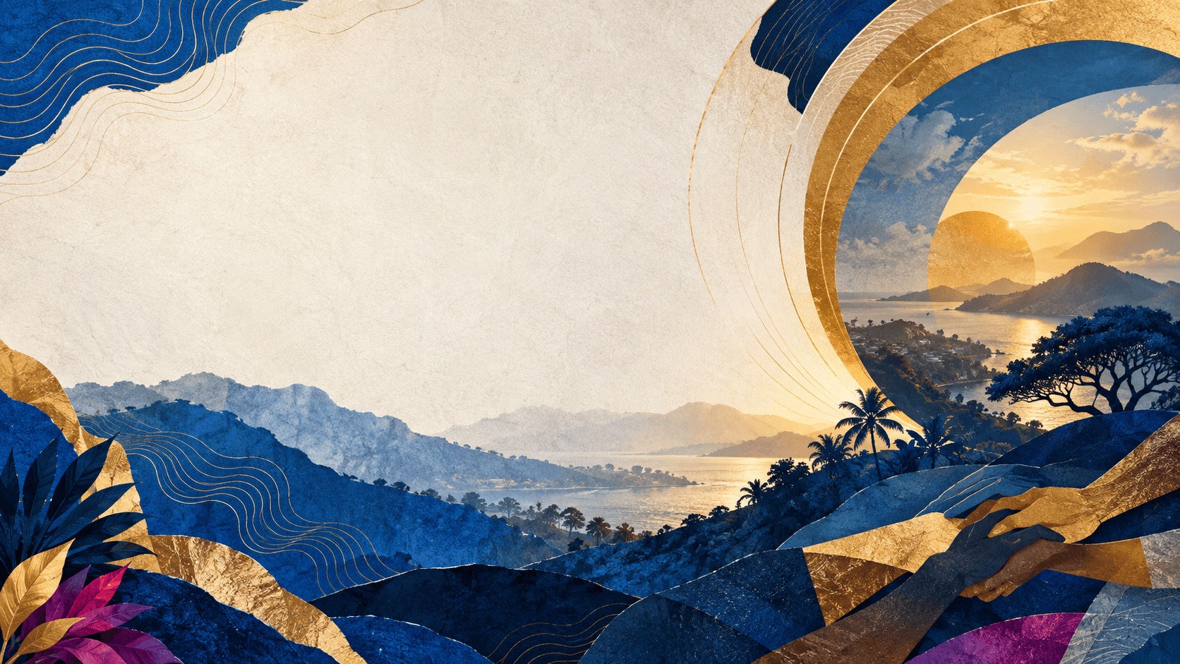 Abstract blue and gold collage evoking Sierra Leone and shared community service